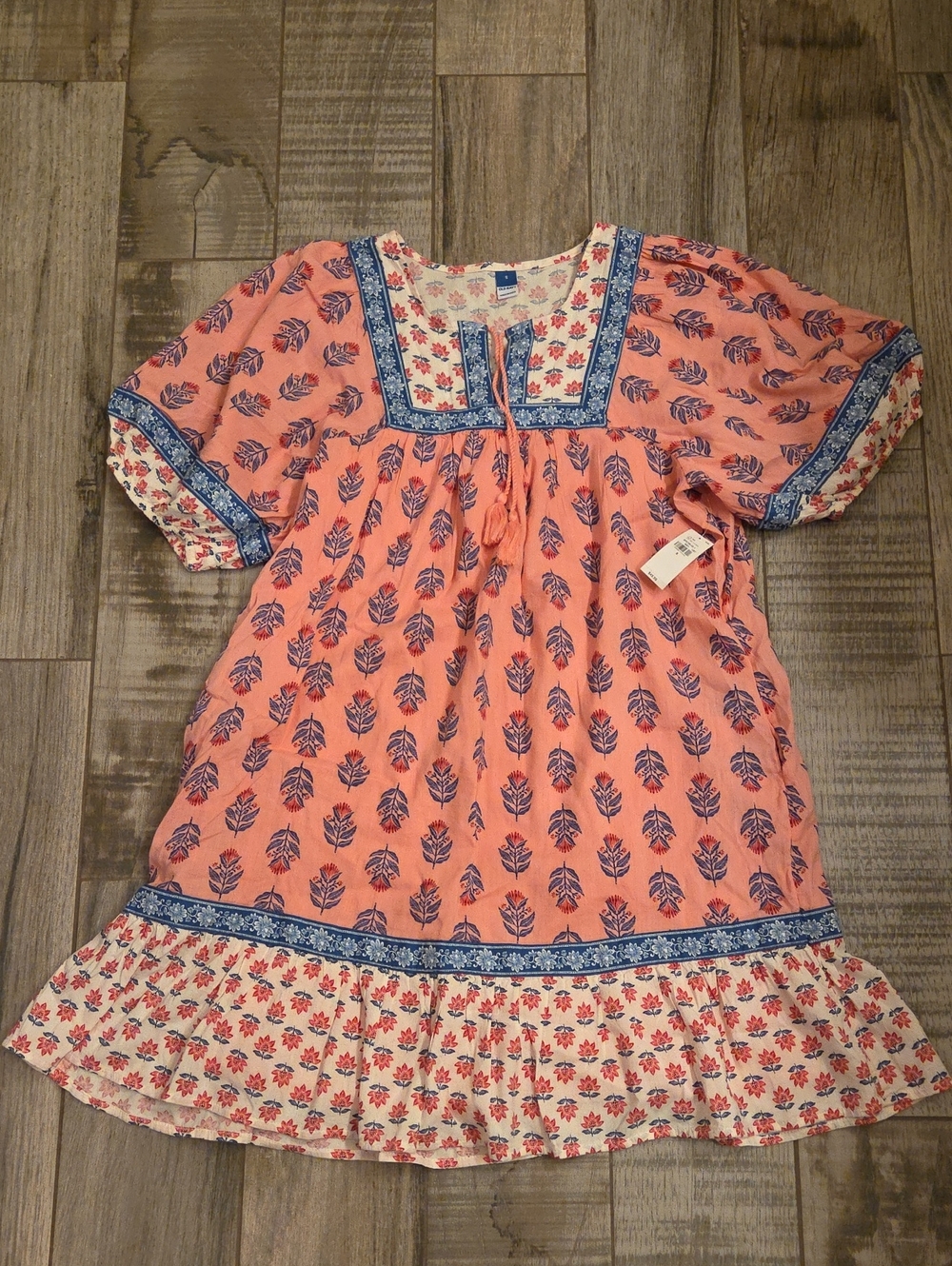 NWT Old Navy Coral-Pink Floral Dresd Top with Blue Trim